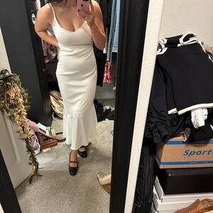 Lulu’s Strictly Romance White Satin Asymmetrical Tiered Midi Dress